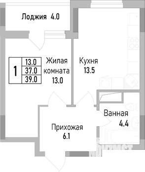 1-к квартира, строящийся дом, 39м2, 15/19 этаж