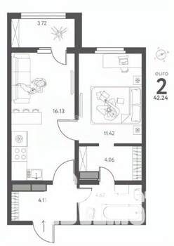 1-к квартира, вторичка, 42м2, 3/17 этаж