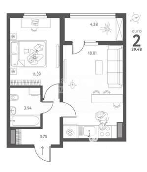 1-к квартира, вторичка, 39м2, 9/17 этаж