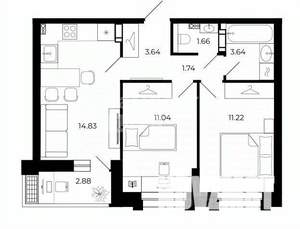 2-к квартира, строящийся дом, 51м2, 8/12 этаж