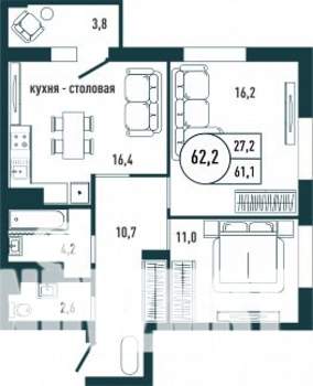 2-к квартира, строящийся дом, 62м2, 2/25 этаж
