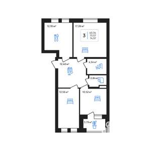 3-к квартира, строящийся дом, 75м2, 2/8 этаж