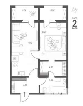 1-к квартира, вторичка, 44м2, 12/17 этаж