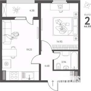 1-к квартира, вторичка, 45м2, 16/17 этаж
