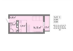 1-к квартира, строящийся дом, 31м2, 13/21 этаж