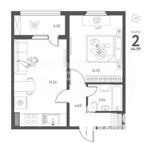 2-к квартира, вторичка, 45м2, 12/17 этаж