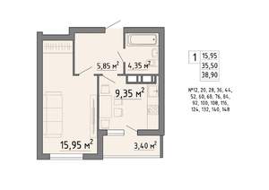 1-к квартира, строящийся дом, 39м2, 12/19 этаж