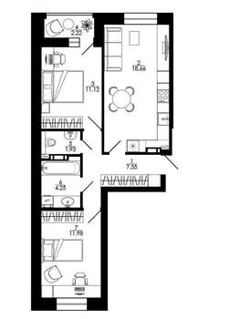 3-к квартира, вторичка, 60м2, 17/18 этаж