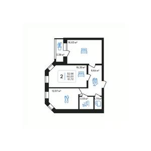 2-к квартира, строящийся дом, 62м2, 6/8 этаж