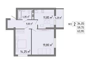 2-к квартира, строящийся дом, 64м2, 1/19 этаж