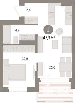 1-к квартира, строящийся дом, 47м2, 7/25 этаж