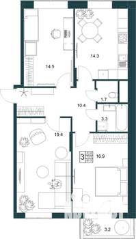 3-к квартира, строящийся дом, 82м2, 2/19 этаж