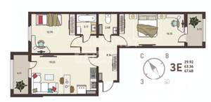 2-к квартира, вторичка, 67м2, 2/18 этаж