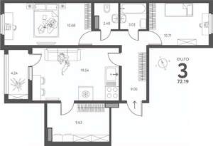 2-к квартира, сданный дом, 72м2, 10/17 этаж