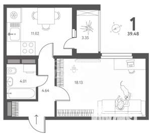 1-к квартира, вторичка, 39м2, 8/17 этаж