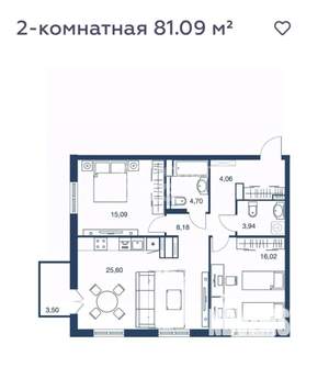 2-к квартира, сданный дом, 81м2, 9/25 этаж