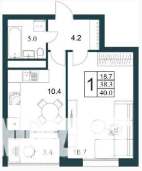 1-к квартира, строящийся дом, 40м2, 1/21 этаж