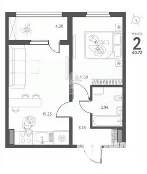 1-к квартира, строящийся дом, 41м2, 4/17 этаж