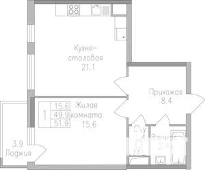 1-к квартира, строящийся дом, 52м2, 6/19 этаж