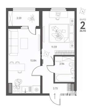 1-к квартира, вторичка, 37м2, 9/17 этаж