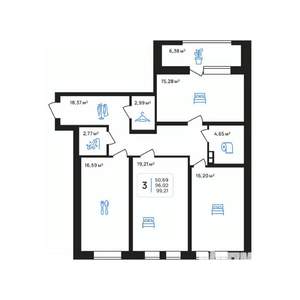 3-к квартира, строящийся дом, 99м2, 6/8 этаж