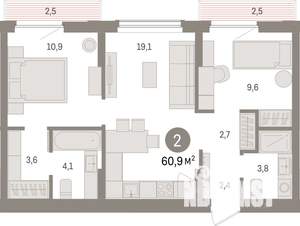 2-к квартира, строящийся дом, 61м2, 7/25 этаж