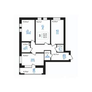 3-к квартира, строящийся дом, 99м2, 6/7 этаж