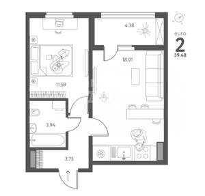 2-к квартира, строящийся дом, 39м2, 1/17 этаж