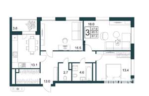 3-к квартира, вторичка, 88м2, 12/18 этаж