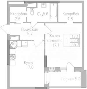 1-к квартира, вторичка, 55м2, 5/17 этаж