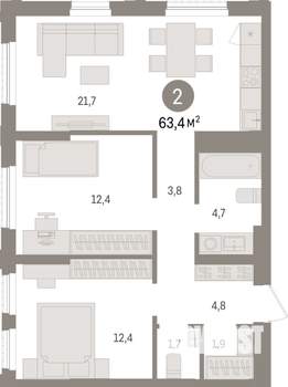 2-к квартира, строящийся дом, 63м2, 3/25 этаж