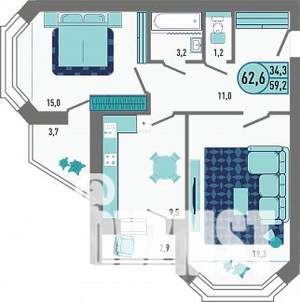 2-к квартира, строящийся дом, 63м2, 16/18 этаж