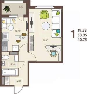 1-к квартира, сданный дом, 41м2, 13/18 этаж