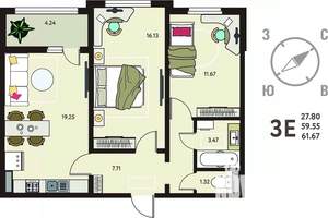 2-к квартира, вторичка, 62м2, 12/18 этаж