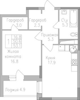 1-к квартира, строящийся дом, 53м2, 7/17 этаж