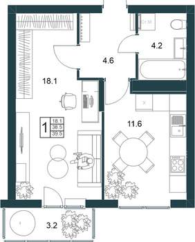 1-к квартира, вторичка, 40м2, 7/19 этаж