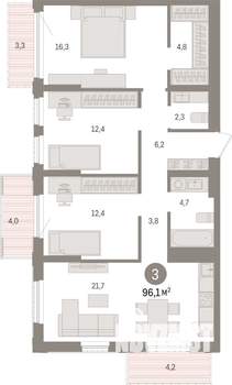 3-к квартира, строящийся дом, 96м2, 19/25 этаж