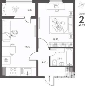 1-к квартира, вторичка, 45м2, 5/17 этаж