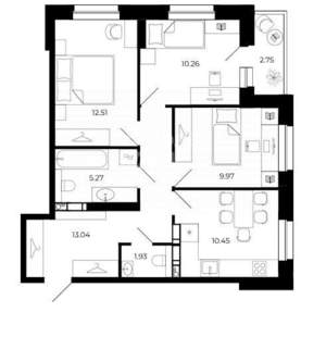 3-к квартира, строящийся дом, 64м2, 12/24 этаж