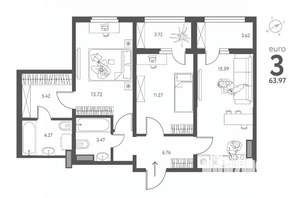 2-к квартира, строящийся дом, 64м2, 9/17 этаж