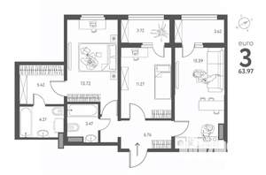 2-к квартира, строящийся дом, 64м2, 15/17 этаж