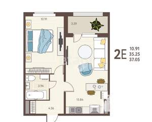 1-к квартира, сданный дом, 37м2, 7/18 этаж