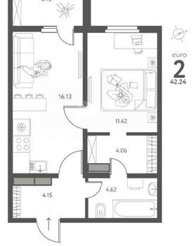 1-к квартира, вторичка, 42м2, 3/17 этаж