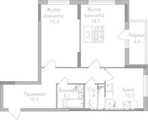 2-к квартира, строящийся дом, 66м2, 7/19 этаж