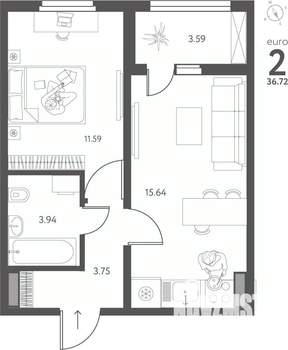 1-к квартира, вторичка, 37м2, 16/17 этаж