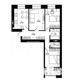 3-к квартира, сданный дом, 70м2, 12/12 этаж