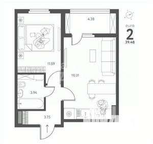 2-к квартира, вторичка, 39м2, 16/18 этаж