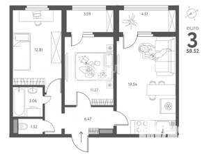 2-к квартира, вторичка, 54м2, 11/17 этаж