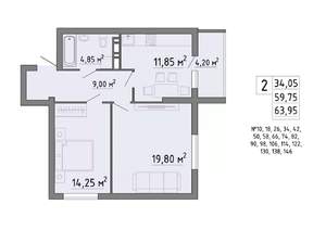 2-к квартира, строящийся дом, 64м2, 8/19 этаж