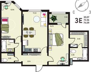 2-к квартира, сданный дом, 74м2, 5/18 этаж